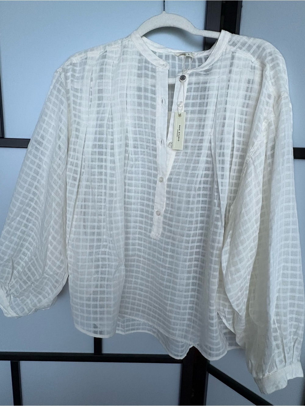Max Studio London White Cotton Blouse NWT Sheer Textured Button Front Top Size L